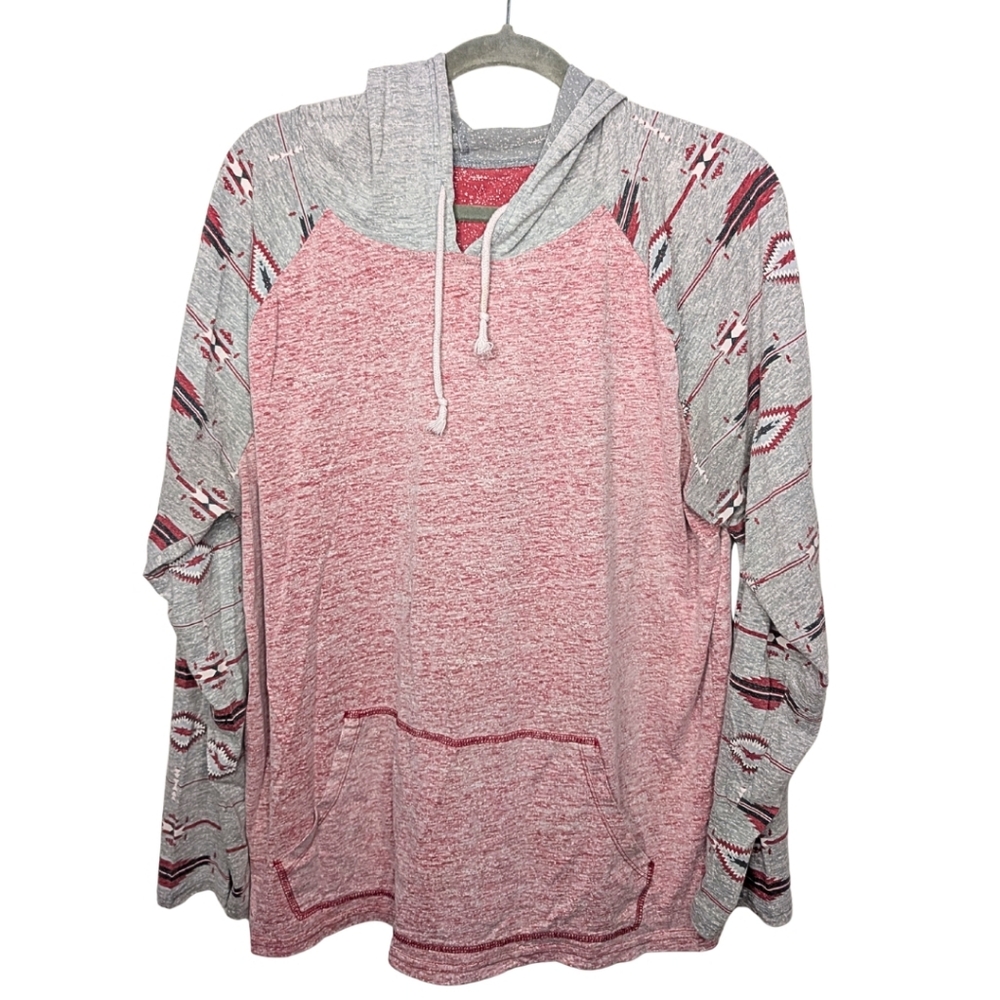 XL Lightweight Hooded Sweatshirt Faded Red Gray Aztec Print Raglan Sleeve